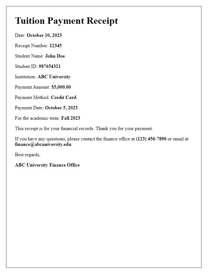 Letter template of tuition payment receipt for financial records