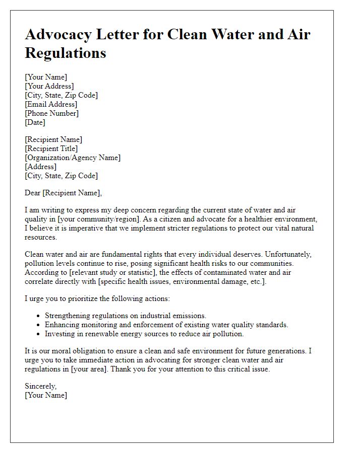 Letter template of advocacy for clean water and air regulations