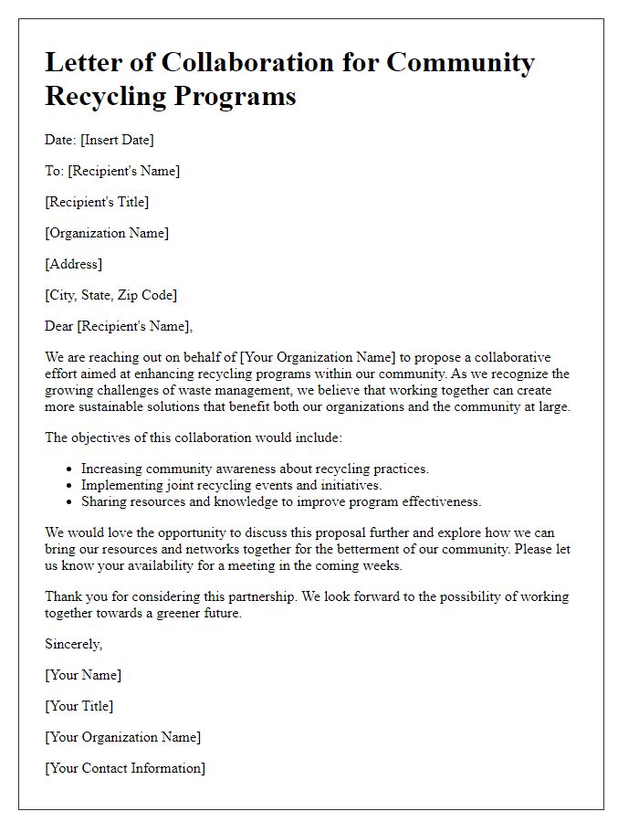 Letter template of collaboration for community recycling programs