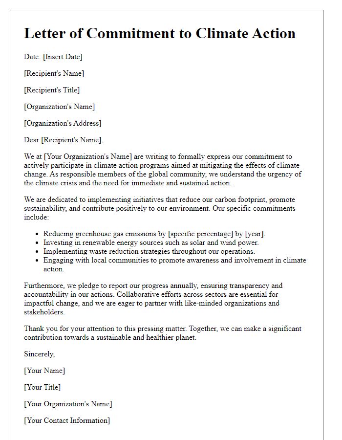 Letter template of commitment to climate action programs