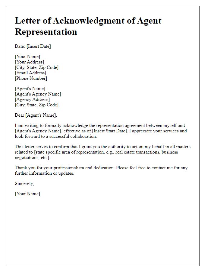 Letter template of acknowledgment of agent representation.