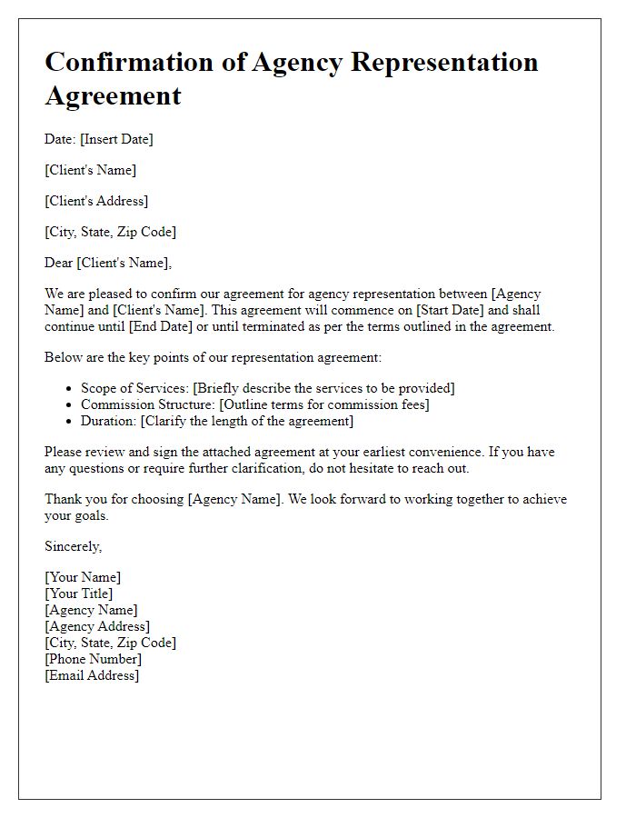 Letter template of confirmation for agency representation agreement.