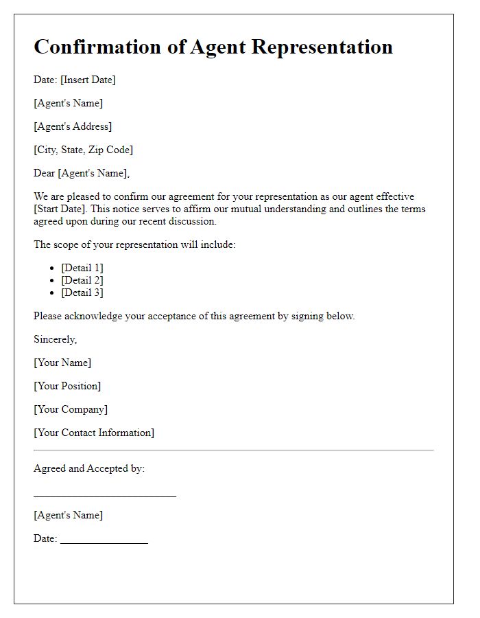 Letter template of confirmation notice for agent representation.