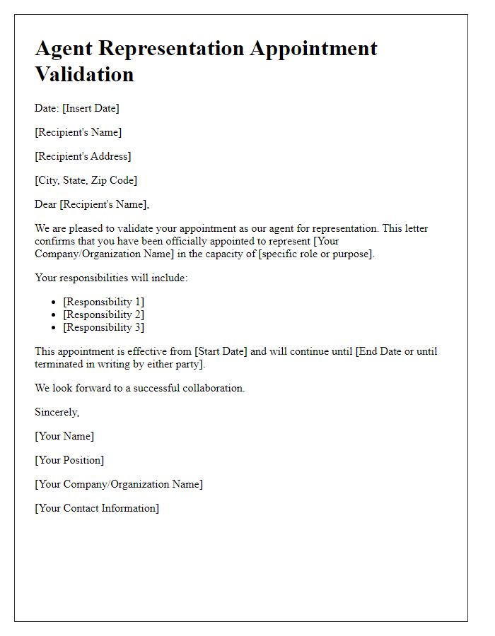 Letter template of validation for agent representation appointment.