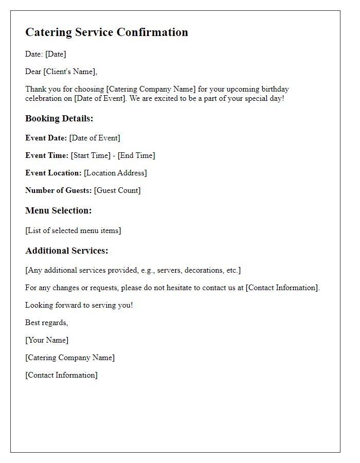 Letter template of catering service confirmation for birthday party.