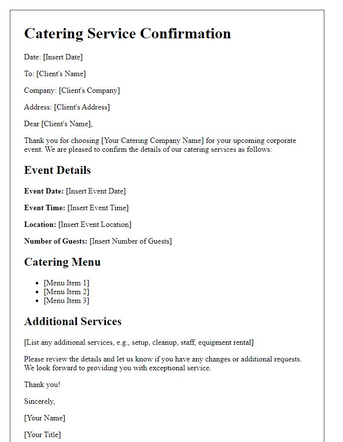 Letter template of catering service confirmation for corporate event.