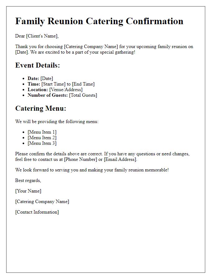 Letter template of catering service confirmation for a family reunion.