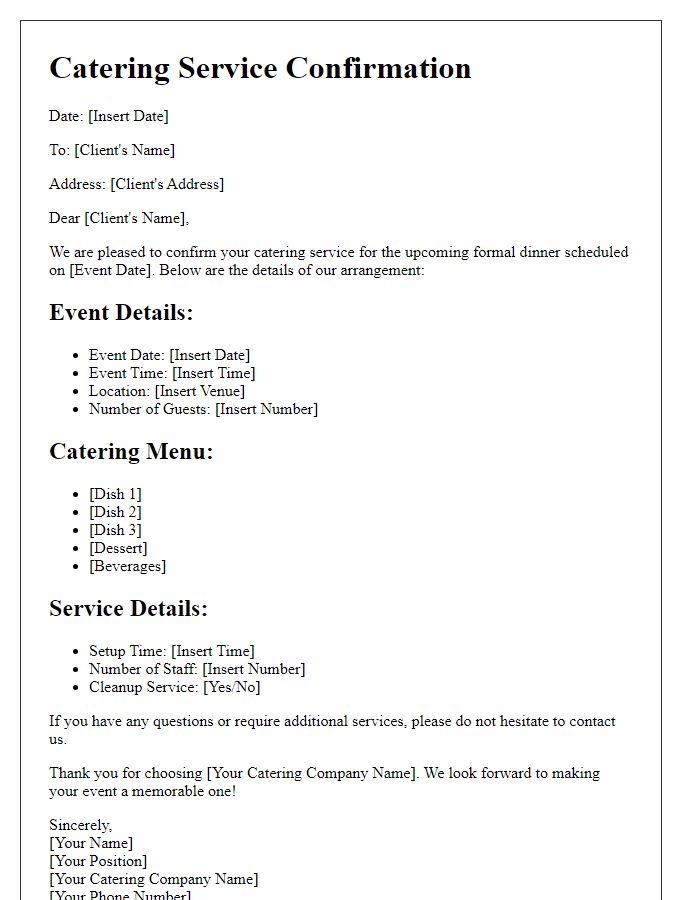 Letter template of catering service confirmation for a formal dinner.