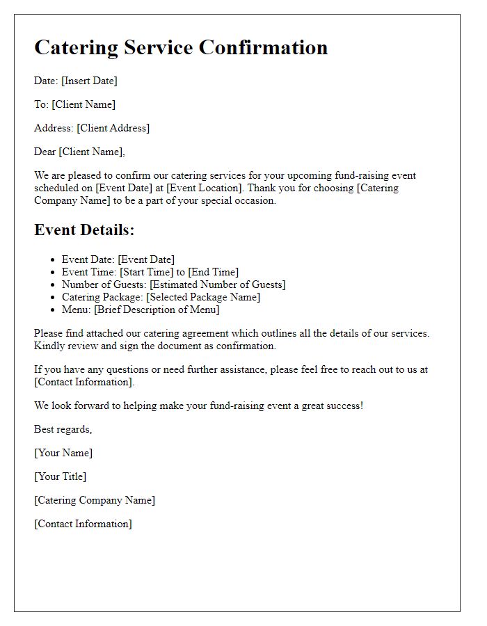 Letter template of catering service confirmation for a fund-raising event.