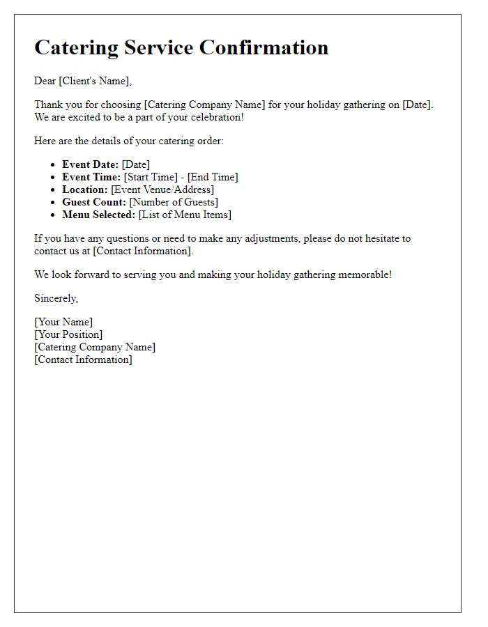 Letter template of catering service confirmation for a holiday gathering.