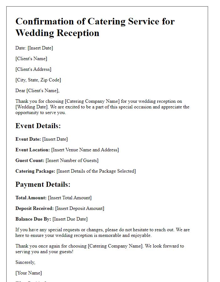 Letter template of catering service confirmation for wedding reception.