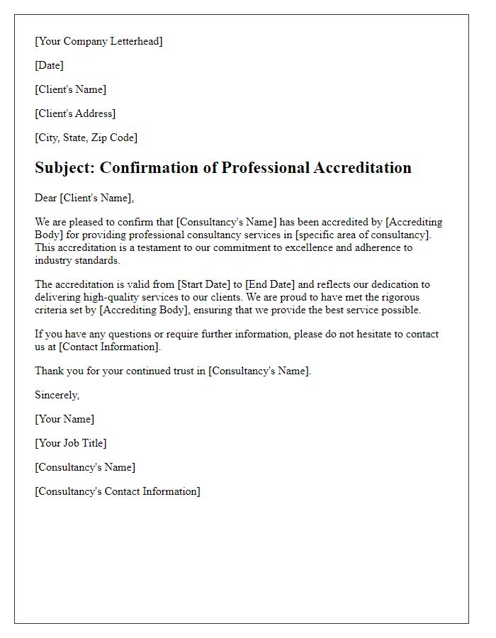 Letter template of professional accreditation confirmation for consultancy services.