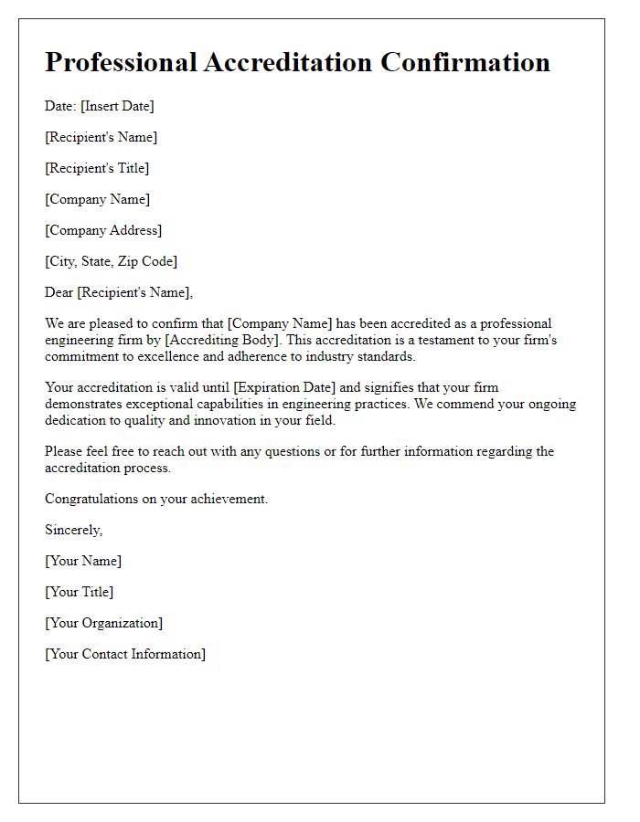 Letter template of professional accreditation confirmation for engineering firms.