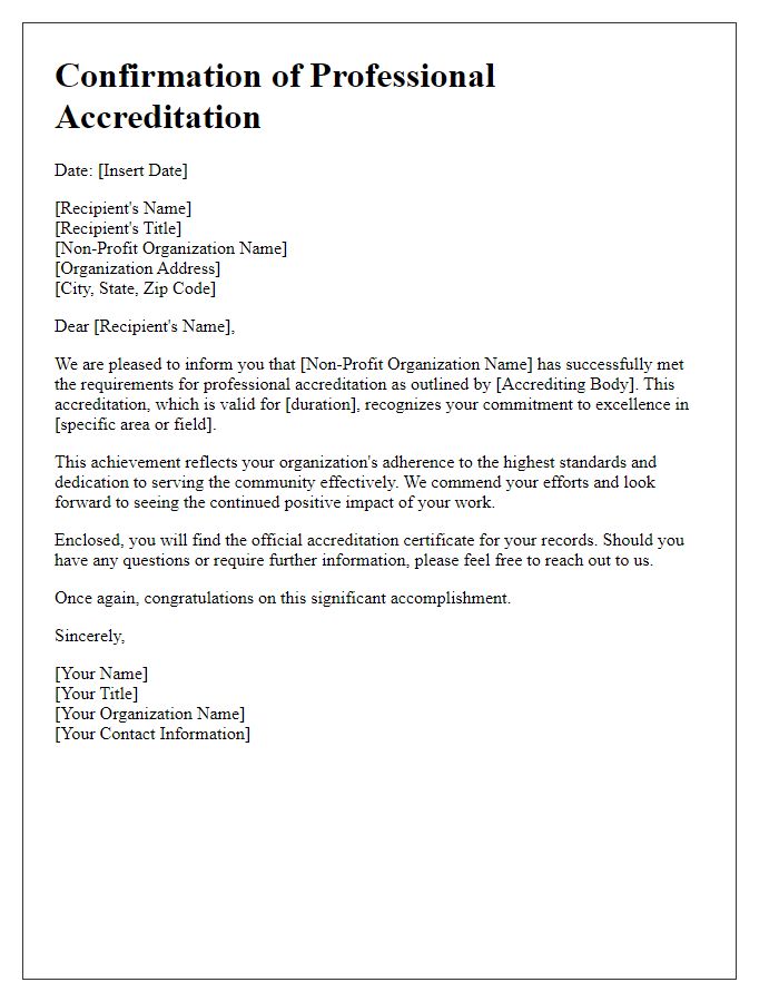 Letter template of professional accreditation confirmation for non-profit organizations.