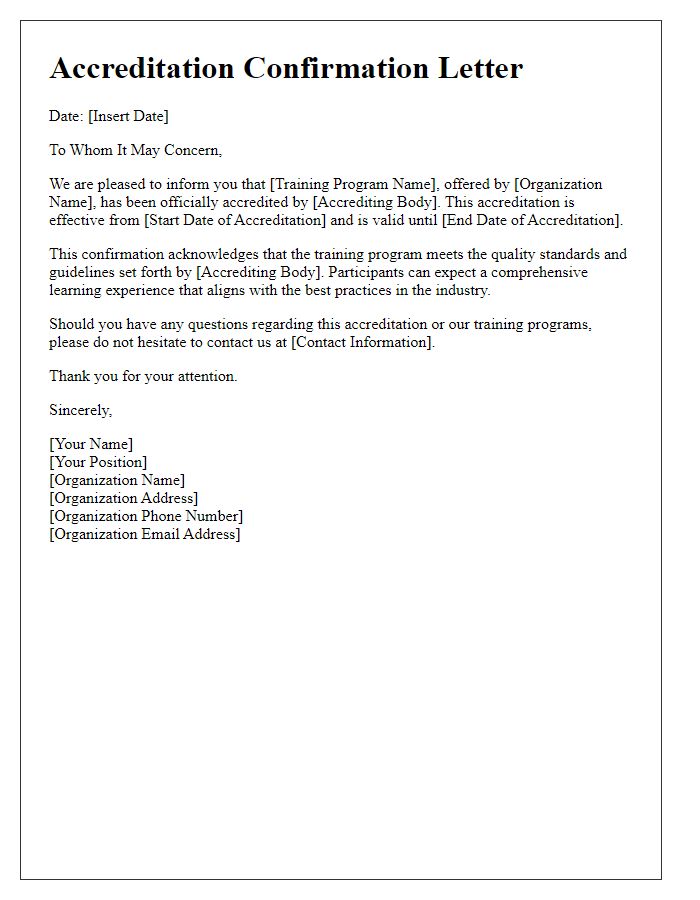 Letter template of professional accreditation confirmation for training programs.