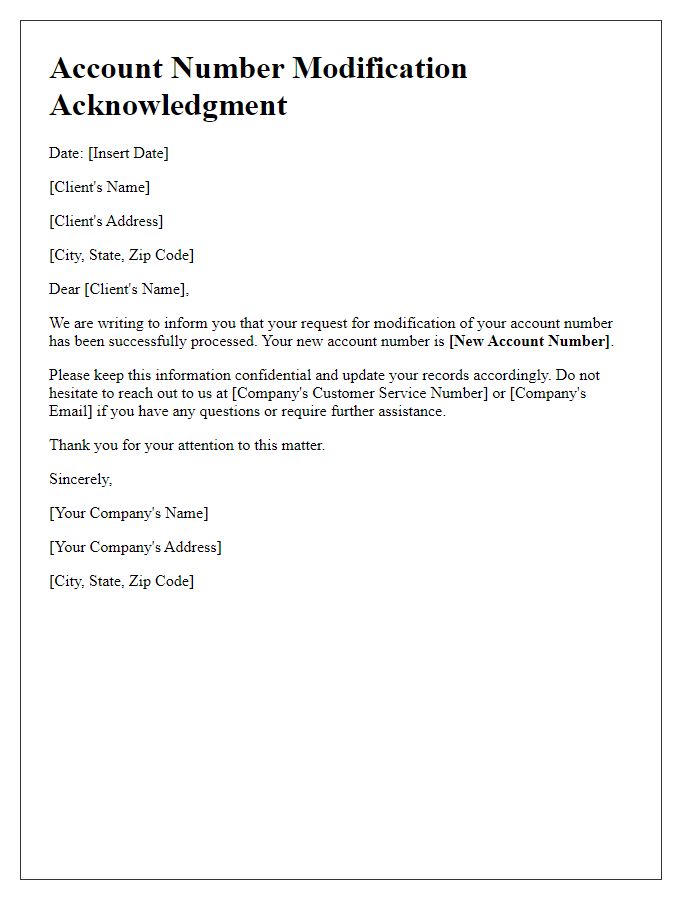 Letter template of account number modification acknowledgment for clients.