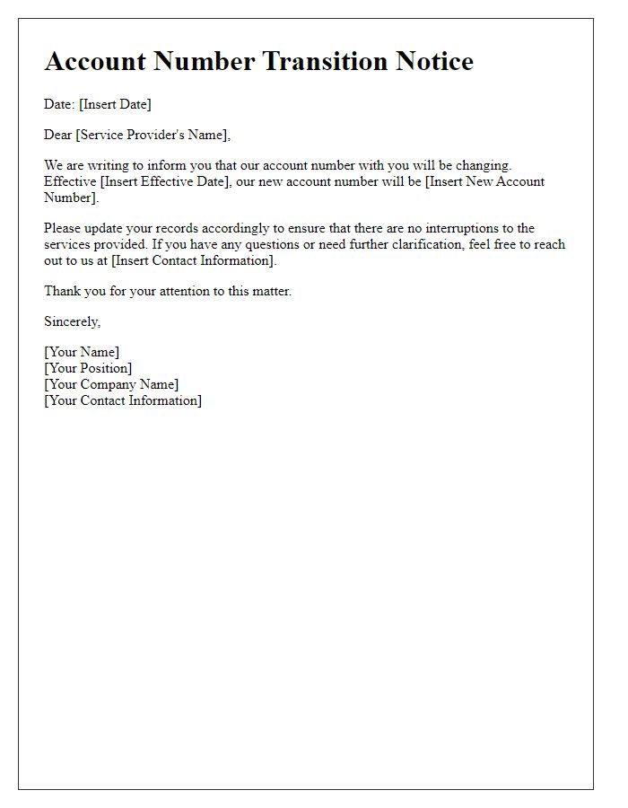 Letter template of account number transition notice for service providers.