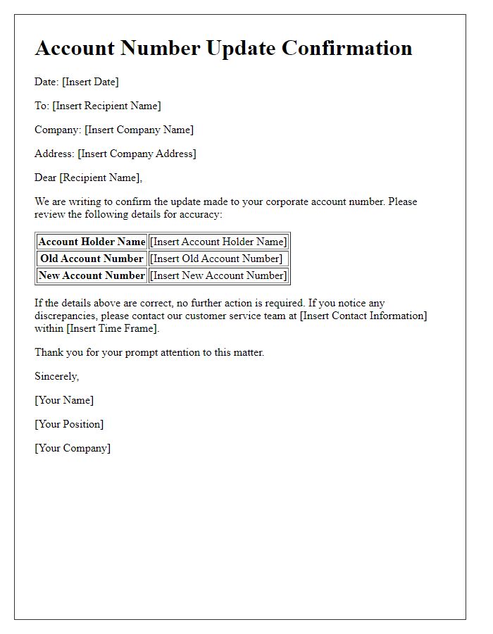 Letter template of account number update validation for corporate accounts.