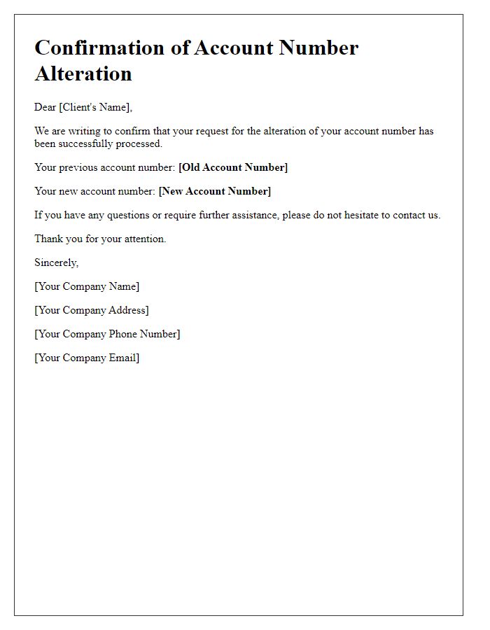 Letter template of confirmation for account number alteration for clients.