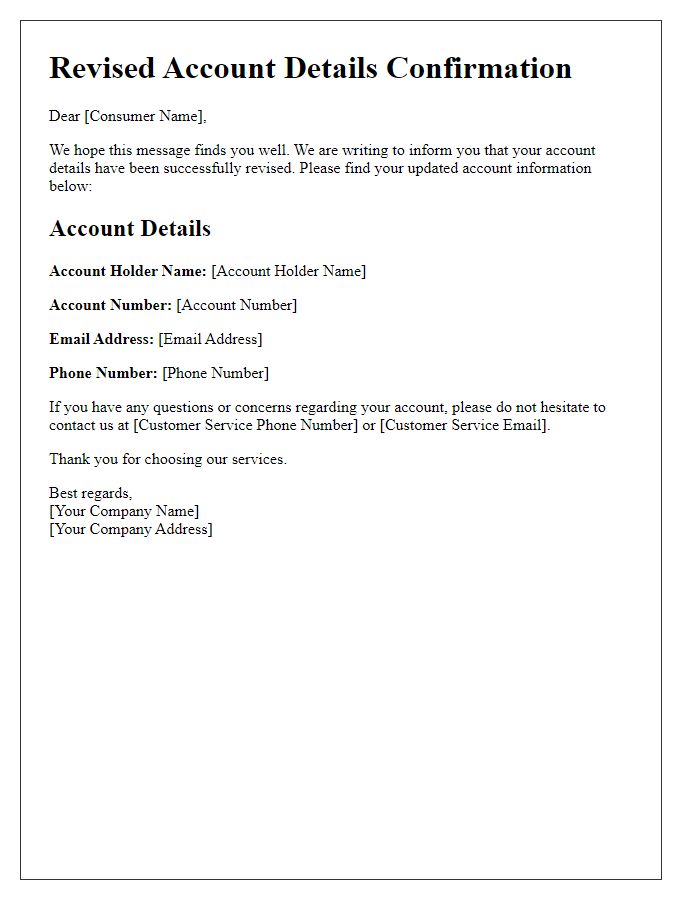 Letter template of revised account details confirmation for consumers.