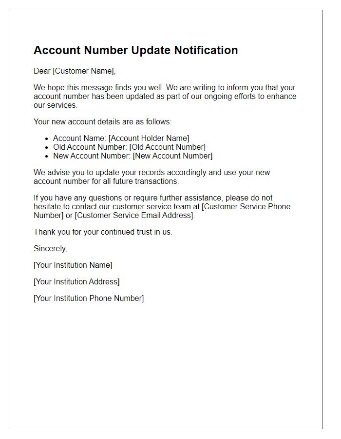 Letter template of updated account number notification for financial institutions.