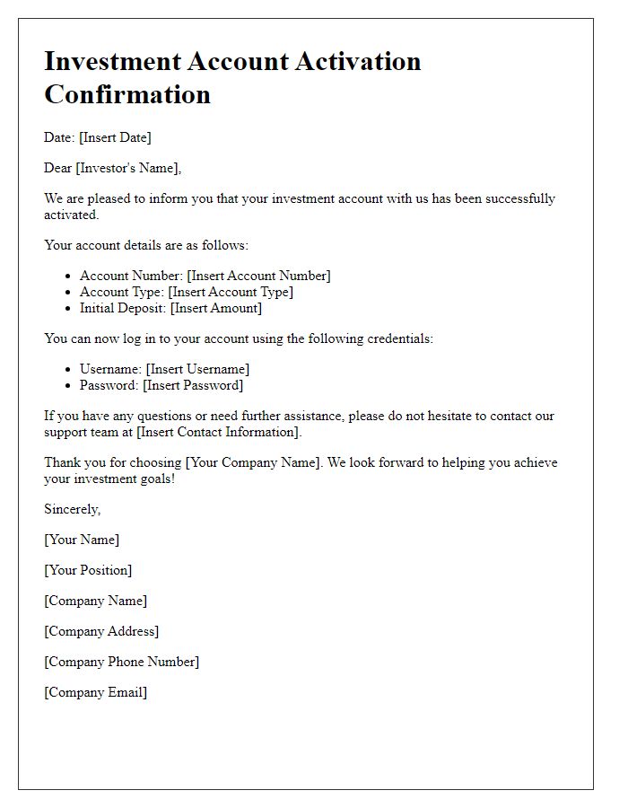 Letter template of confirmation regarding investment account activation.