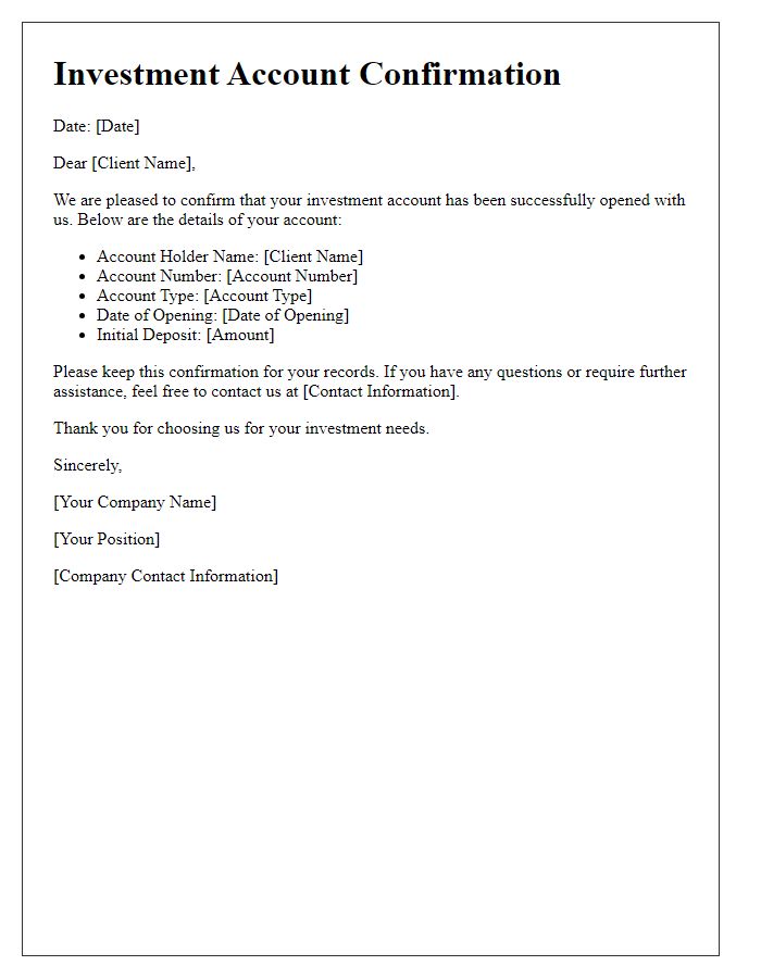 Letter template of investment account confirmation for clients.