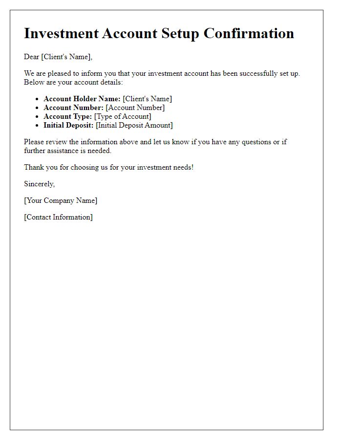 Letter template of investment account setup confirmation.