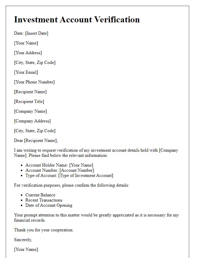 Letter template of verification for investment account details.