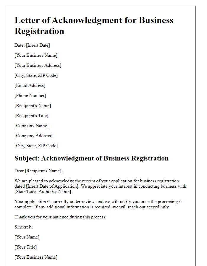 Letter template of Acknowledgment for Business Registration