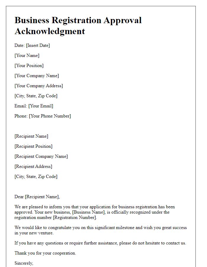 Letter template of Business Registration Approval Acknowledgment