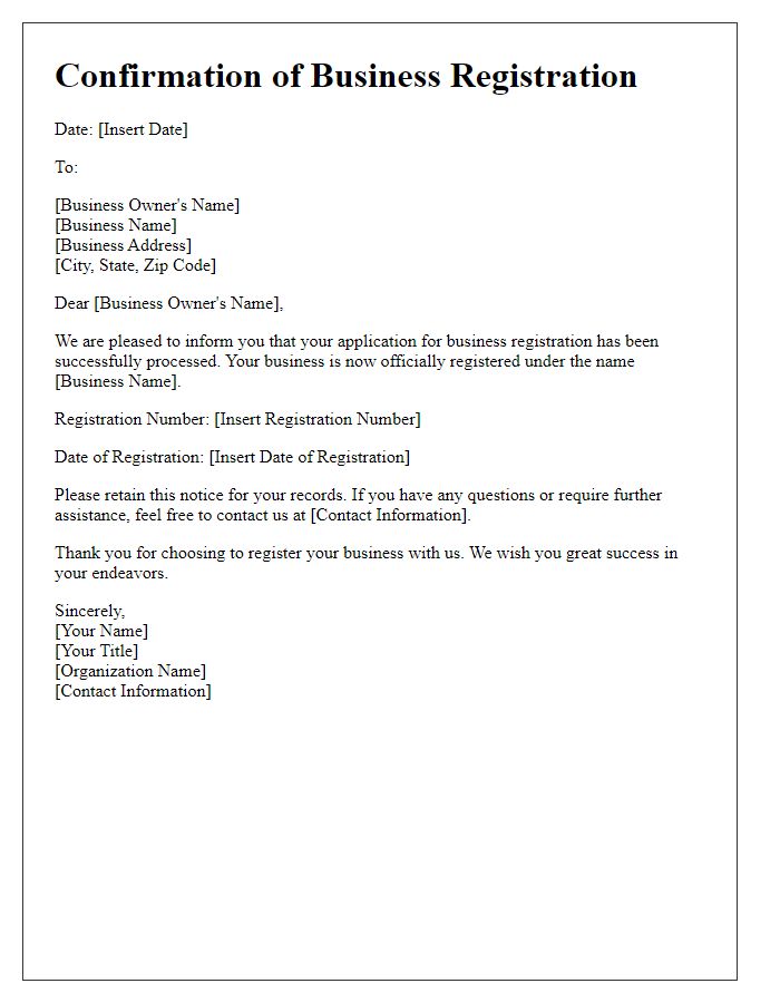 Letter template of Confirmation Notice for Business Registration