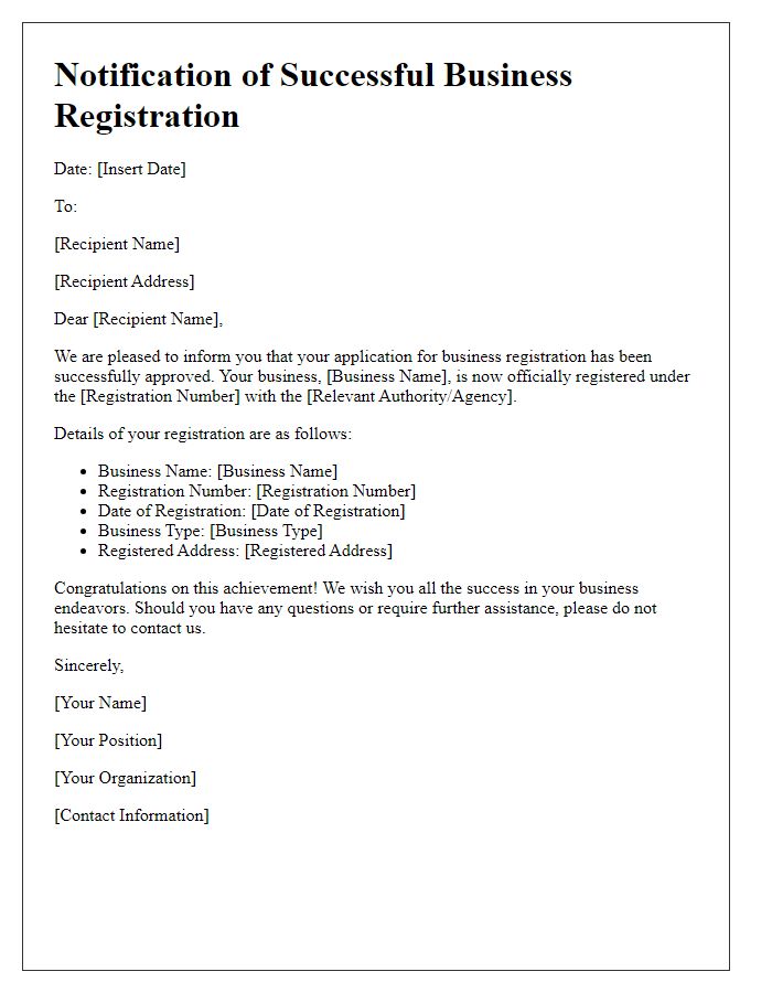 Letter template of Notification of Successful Business Registration