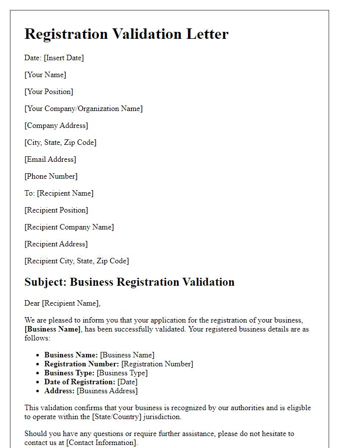 Letter template of Registration Validation for New Business