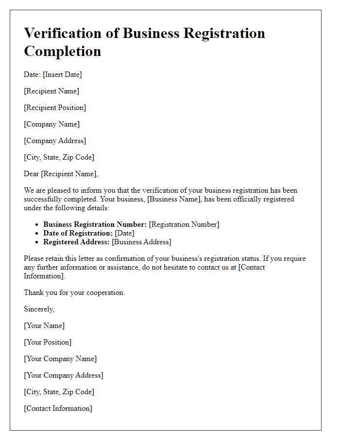 Letter template of Verification of Business Registration Completion