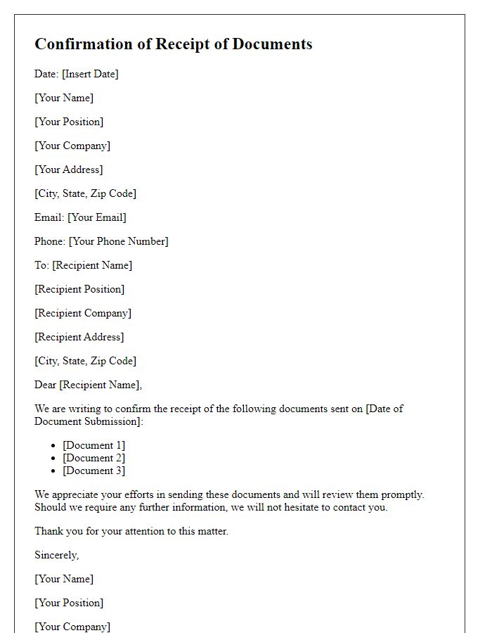 Letter template of confirmation for receipt of documents