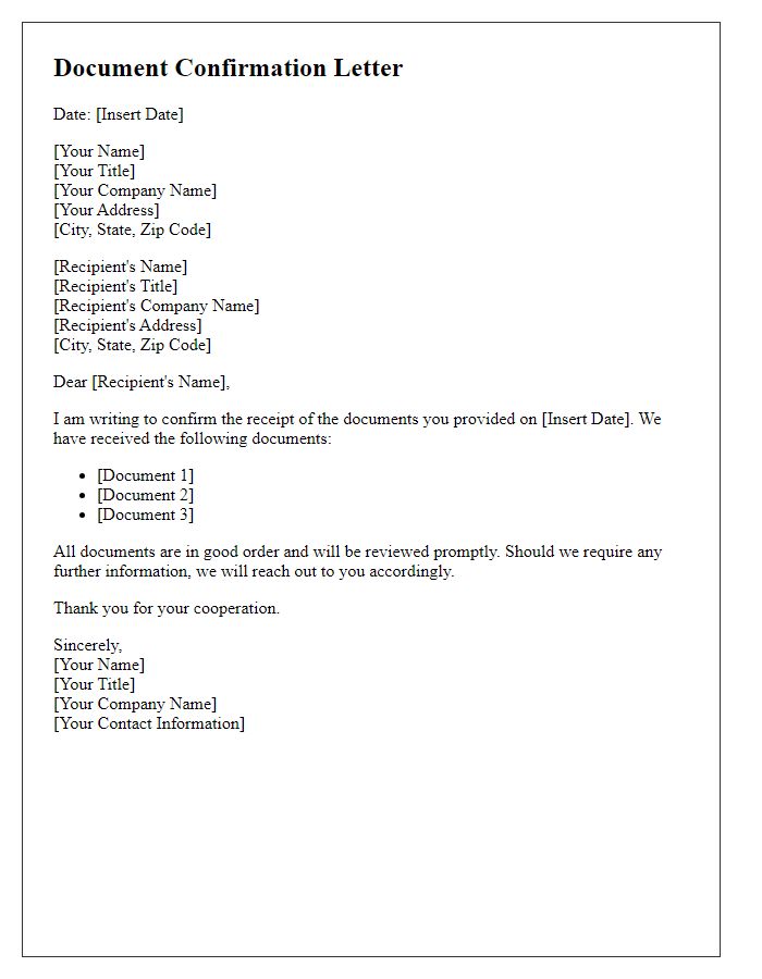 Letter template of confirmation regarding documents provided