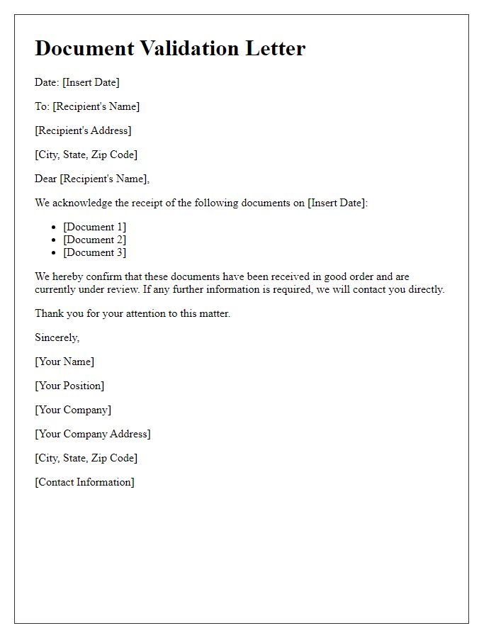 Letter template of validation for received documents