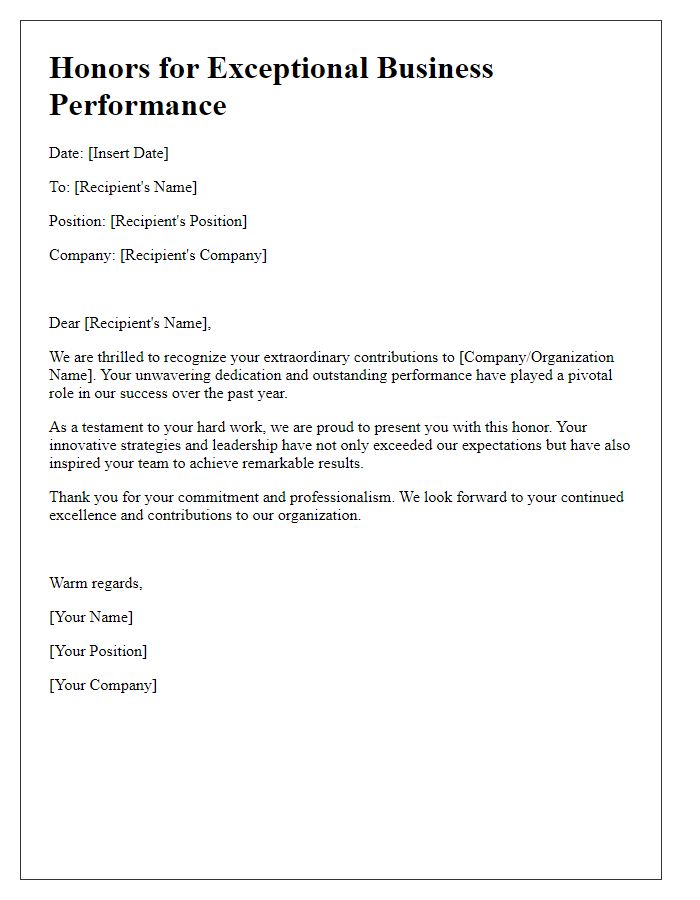 Letter template of Honors for Your Exceptional Business Performance