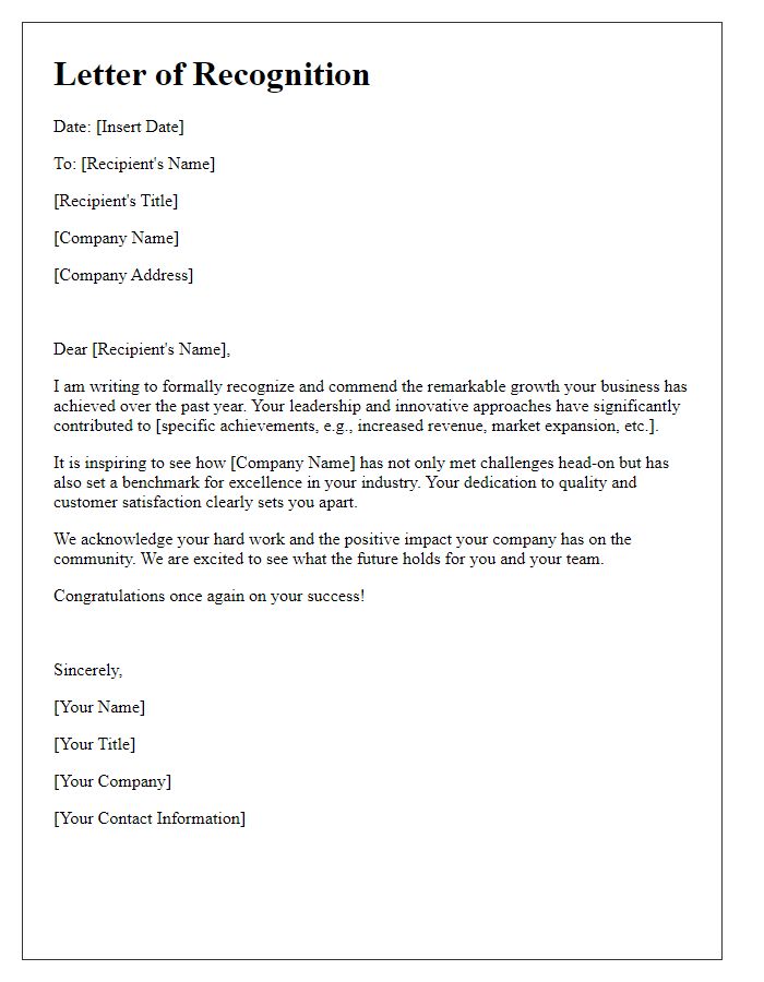 Letter template of Recognition for Your Business Growth