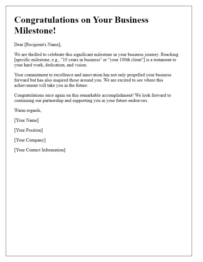 Letter template of Salutations on Your Business Milestone