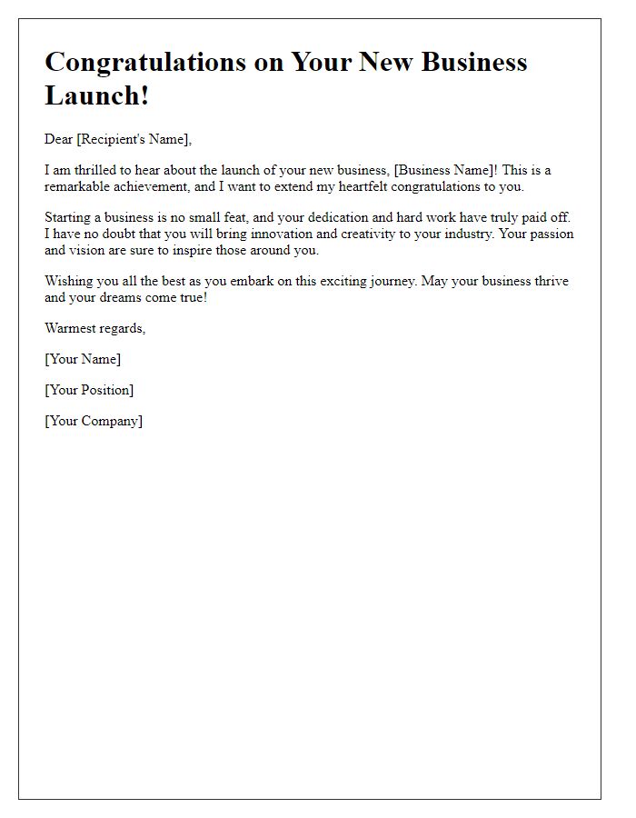 Letter template of congratulations on your new business launch.