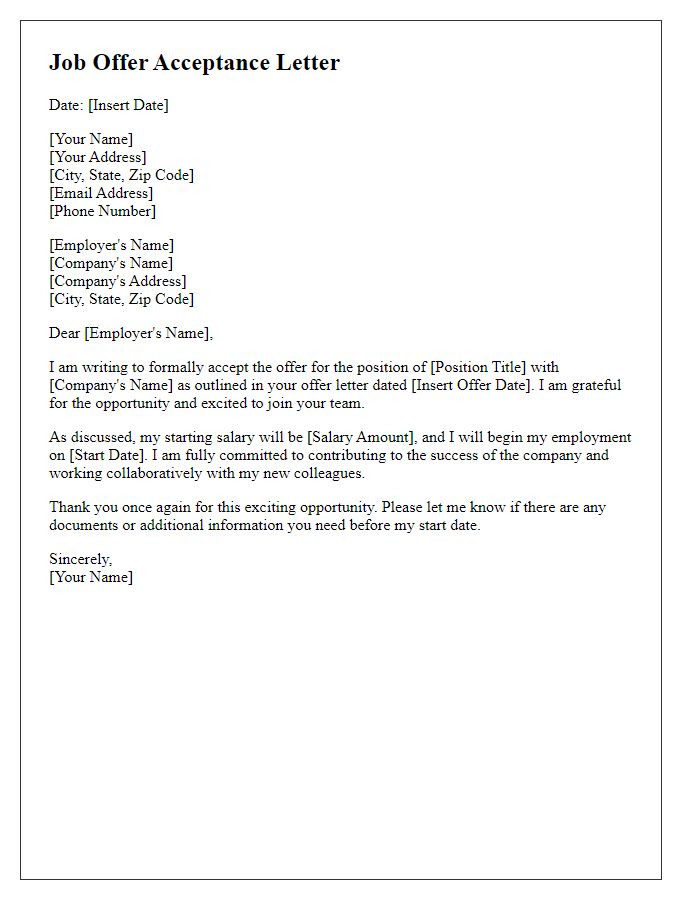 Letter template of job offer acceptance and commitment.