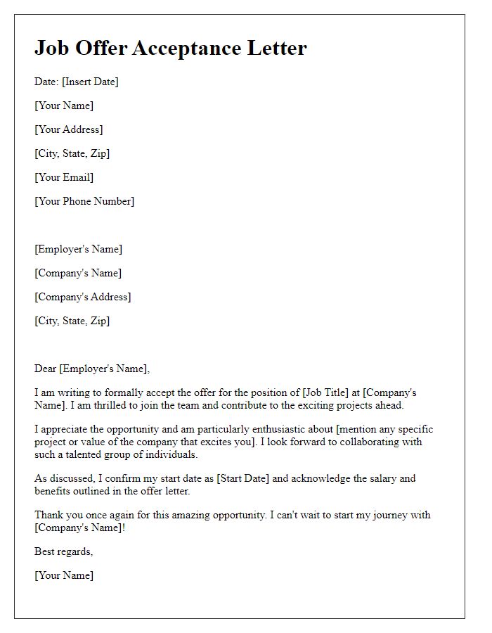 Letter template of job offer acceptance and team enthusiasm.