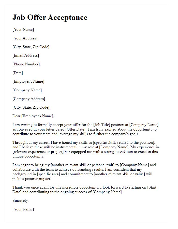 Letter template of job offer acceptance highlighting skills.