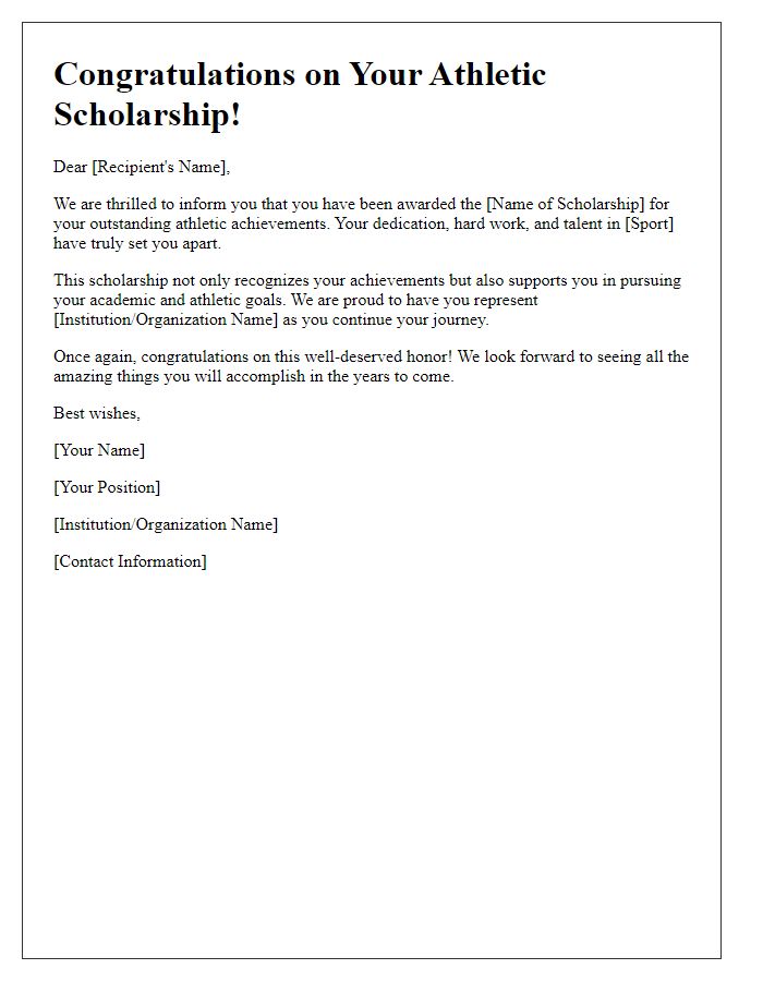 Letter template of scholarship award congratulations for athletic scholarship winners