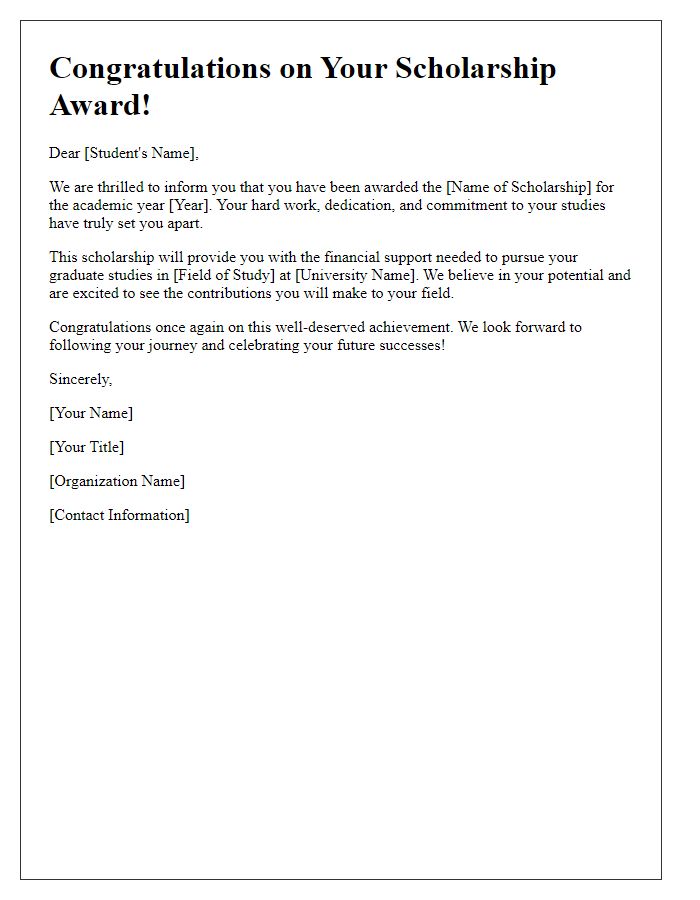 Letter template of scholarship award congratulations for graduate students