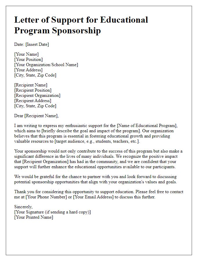 Letter template of support for educational program sponsorship