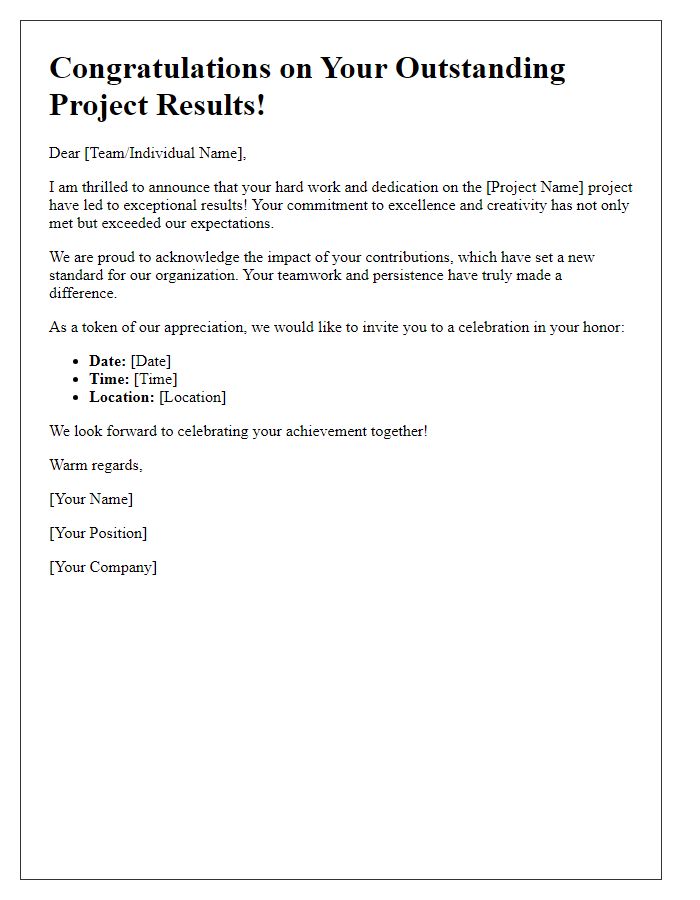 Letter template of celebration for outstanding project results.