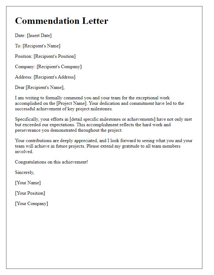 Letter template of commendation for achieving project milestones.